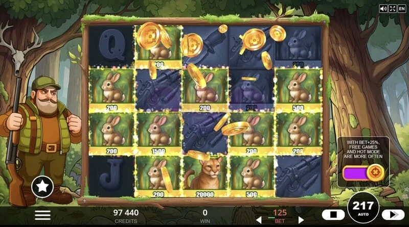 Hunt the Bucks - símbolos especiais Hunter-Wild, Scatter e Animal Credit na grade